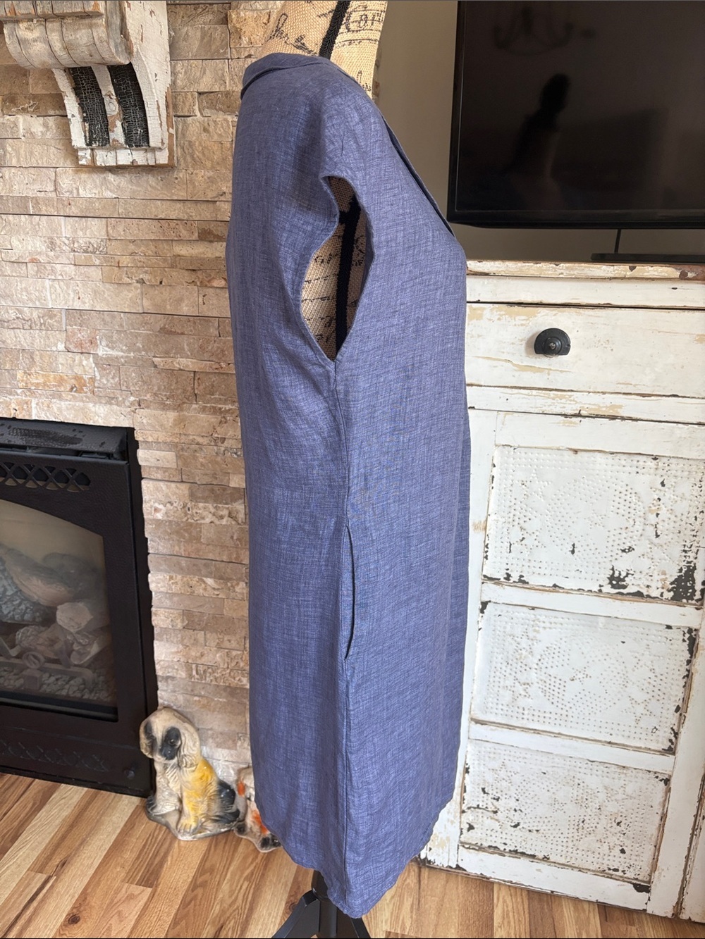 Malvin 100% linen blue chambray scoop neck shirt dress cap sleeves pleated neck - Picture 8 of 16